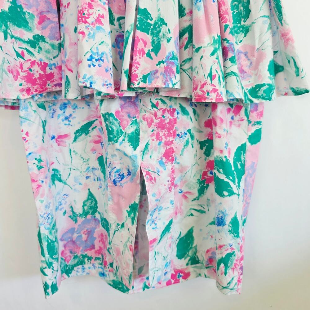Vintage 80s Peplum Dress Pencil Skirt Small White Pink Floral Belted Sleeveless - Picture 8 of 11